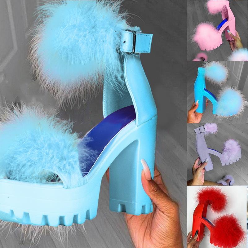 Summer Women fluffy Open Toe Ankle Strap Platform Heels Chunky Block
